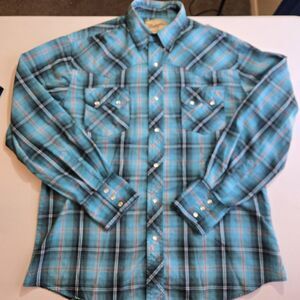 Wrangler Western Fashion Men’s Long Sleeve Large Teal Plaid Pearl Snap Shirt .